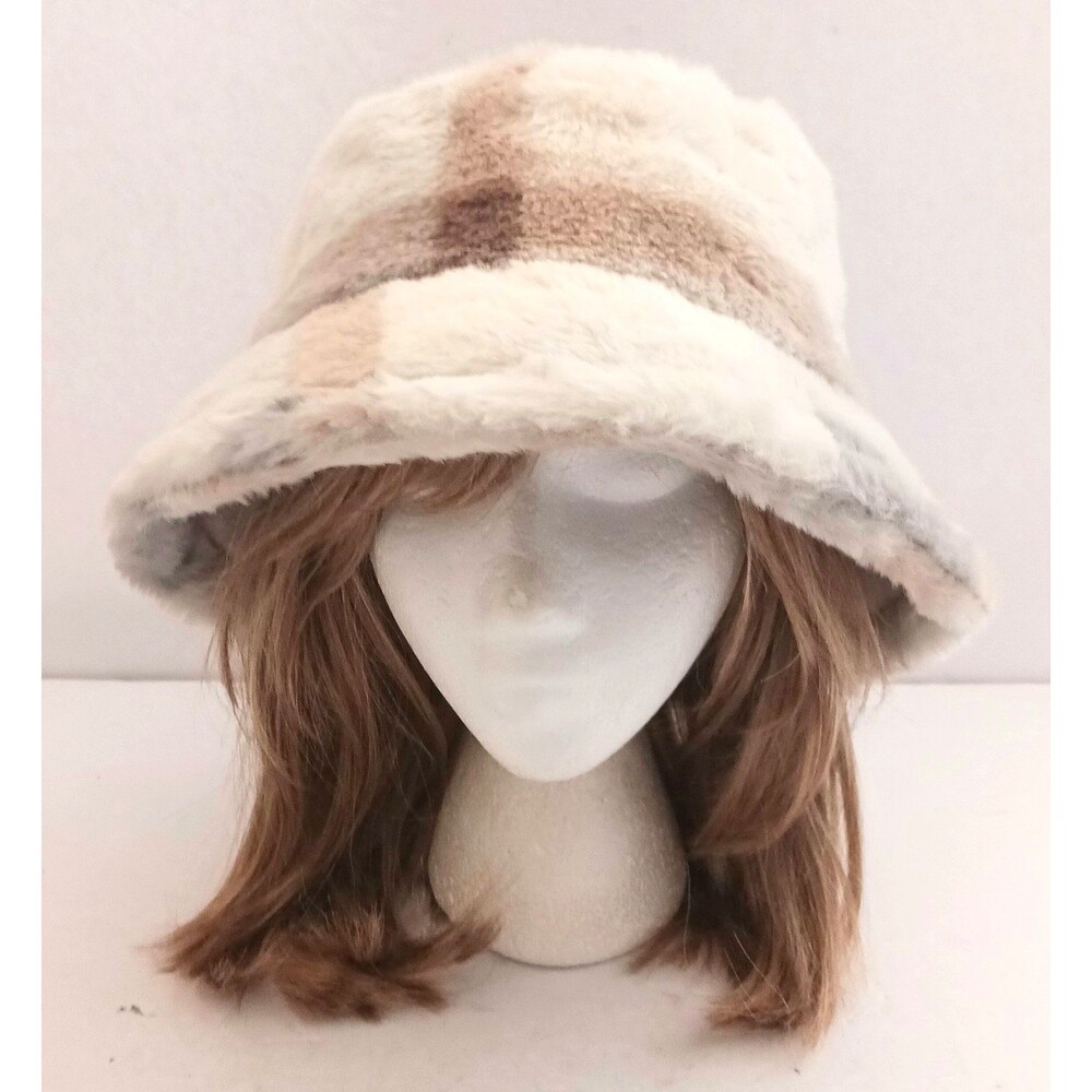 NEW Faux Fur Bucket Hat Light Gray Tan Cream Patchwork O/S - Picture 2 of 9